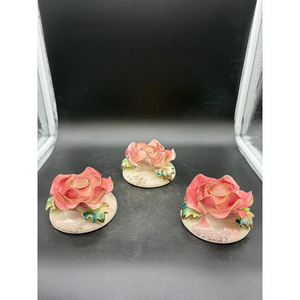Vintage Commodore Japan Pink Rose Porcelain Candle Holders Set‎ of 3